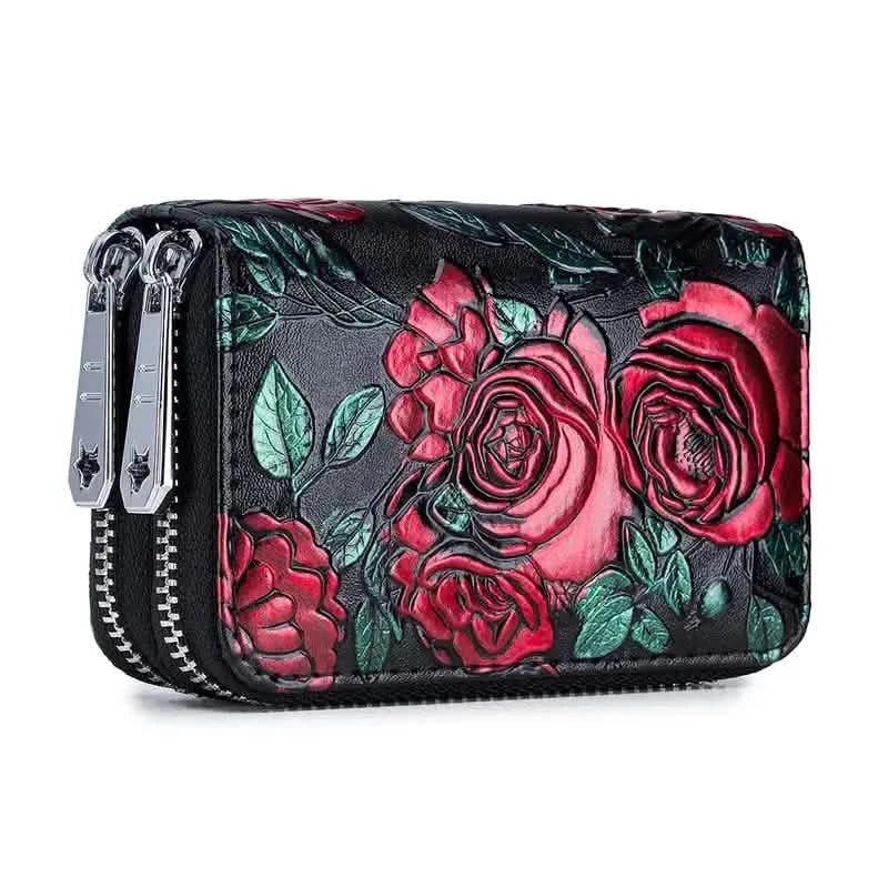 Women's Floral Faux Leather Double Zipper Card Holder and Coin Purse